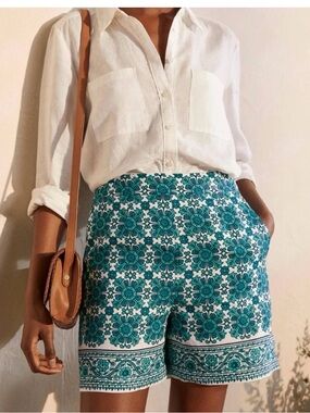Boden Linen Blend Georgian Block Print Teal Blue Shorts Sz 12